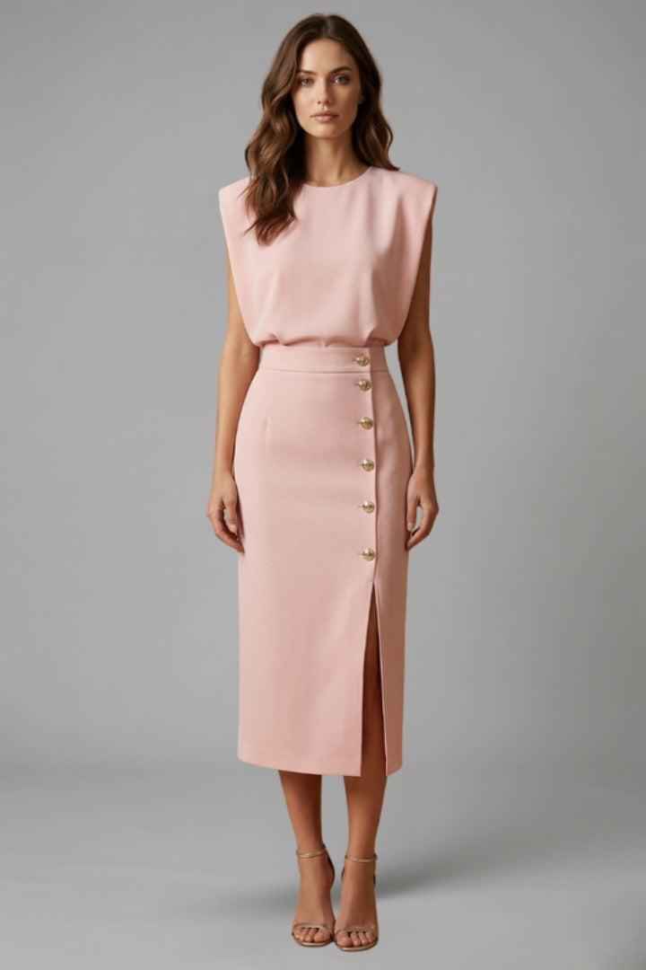 Women's Wedding Guest Elegant Midi Dress with Gold Button Front