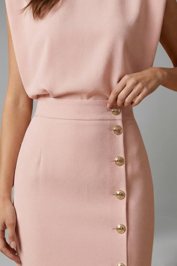 Women's Wedding Guest Elegant Midi Dress with Gold Button Front