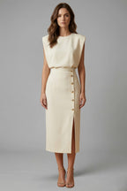 Women's Wedding Guest Elegant Midi Dress with Gold Button Front