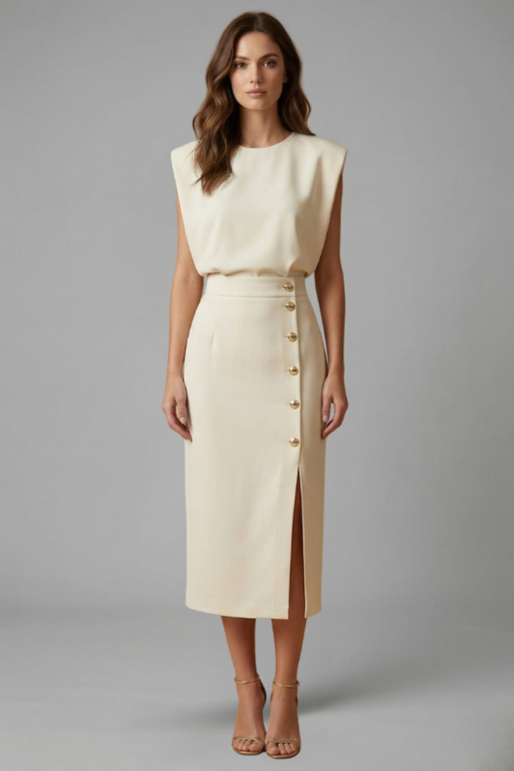 Women's Wedding Guest Elegant Midi Dress with Gold Button Front