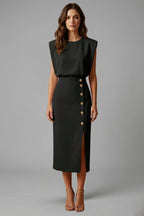 Women's Wedding Guest Elegant Midi Dress with Gold Button Front