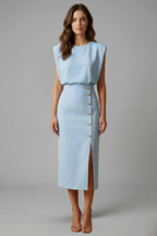 Women's Wedding Guest Elegant Midi Dress with Gold Button Front