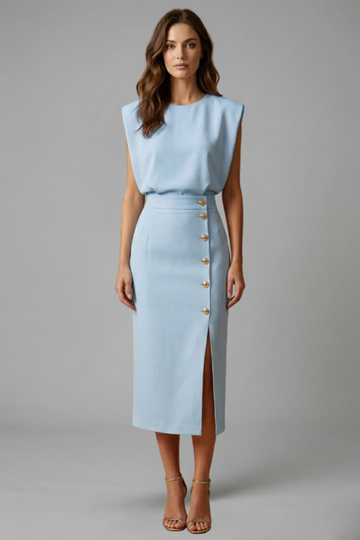 Women's Wedding Guest Elegant Midi Dress with Gold Button Front