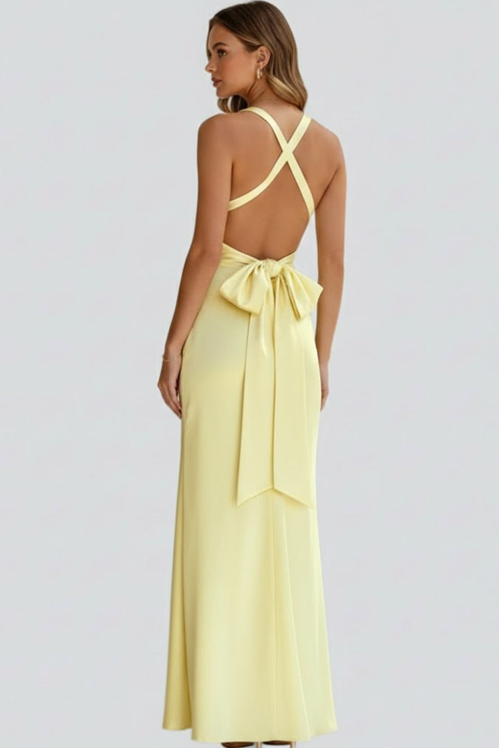Women's Wedding Guest Evening Maxi Dress with V-Neck and Open Back