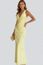 Women's Wedding Guest Evening Maxi Dress with V-Neck and Open Back