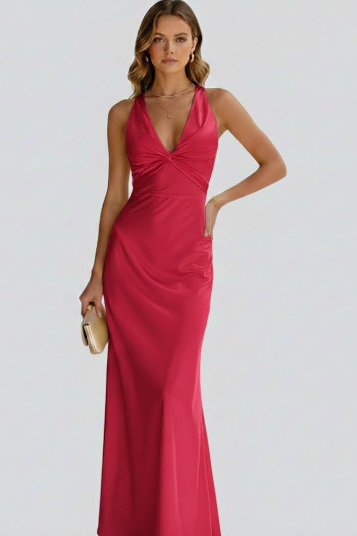 Women's Wedding Guest Evening Maxi Dress with V-Neck and Open Back