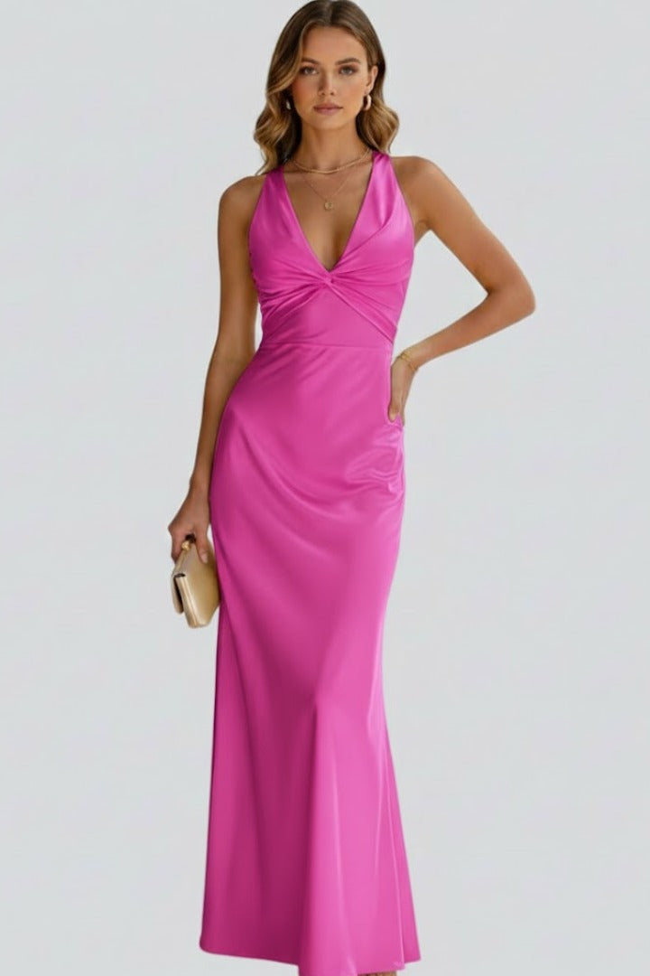 Women's Wedding Guest Evening Maxi Dress with V-Neck and Open Back