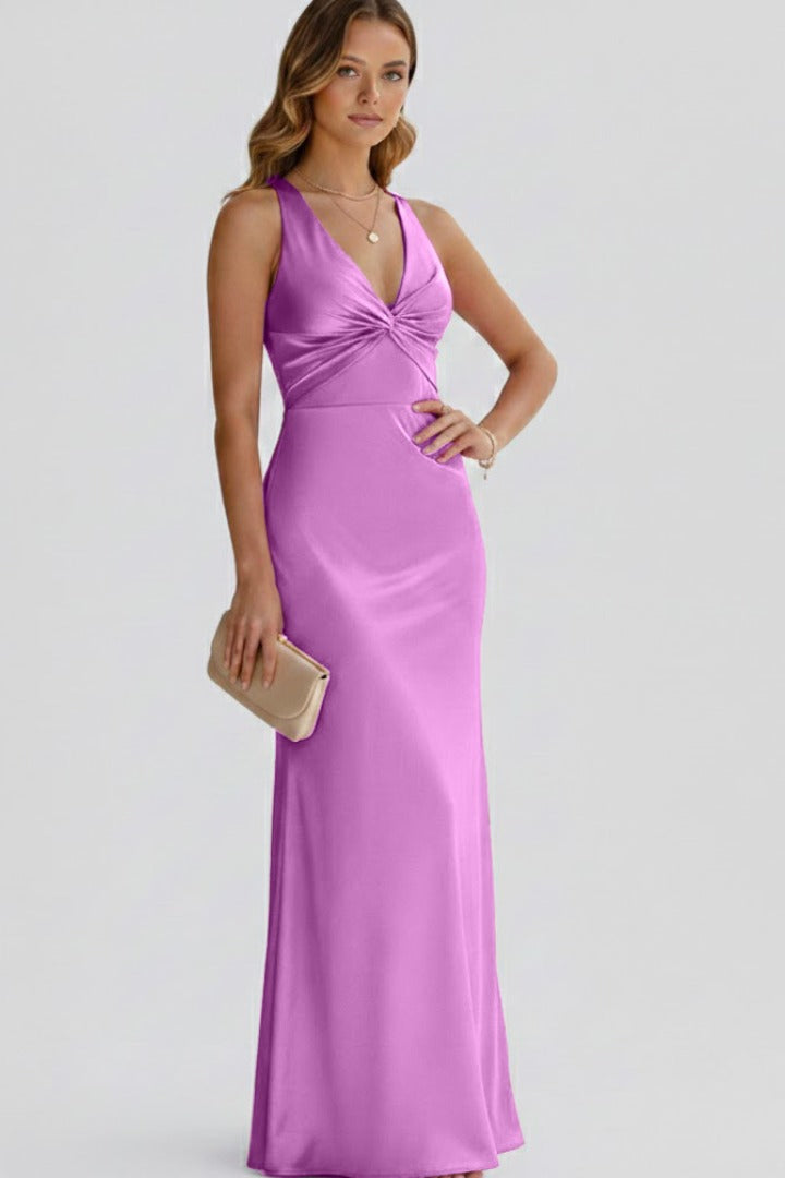 Women's Wedding Guest Evening Maxi Dress with V-Neck and Open Back