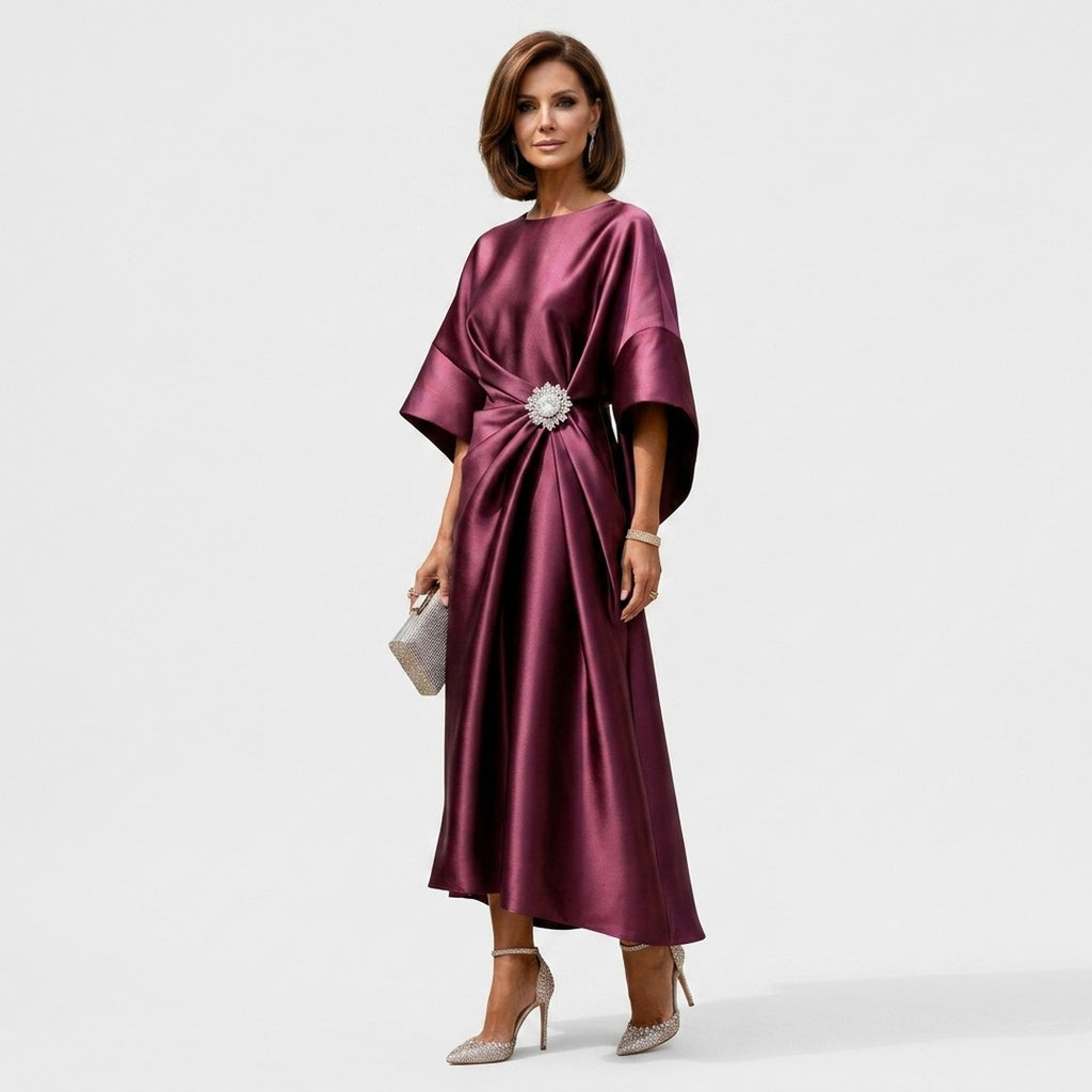 Women's Wedding Guest Evening Midi Dress with Jewel Brooch Detail