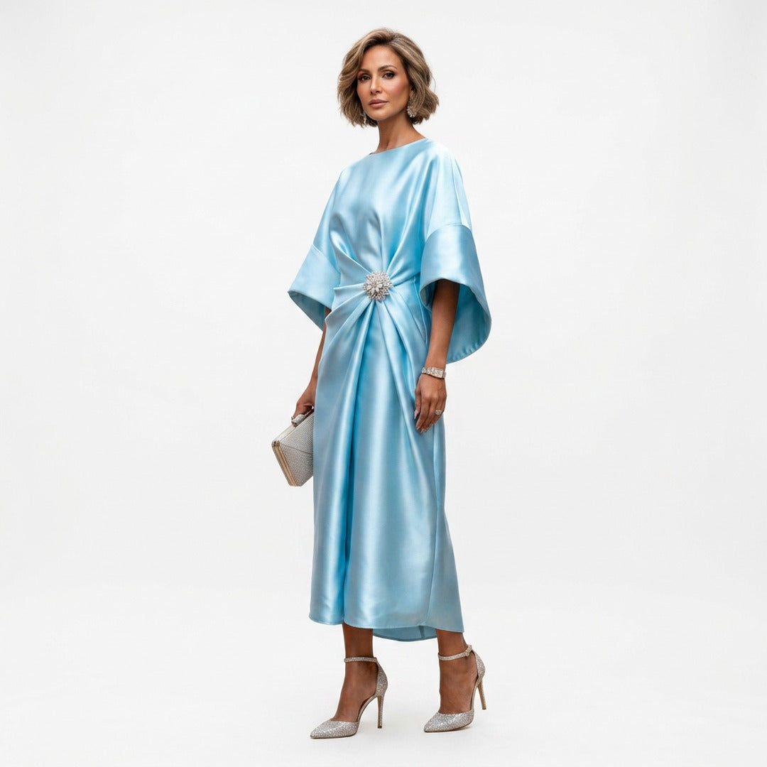 Women's Wedding Guest Evening Midi Dress with Jewel Brooch Detail