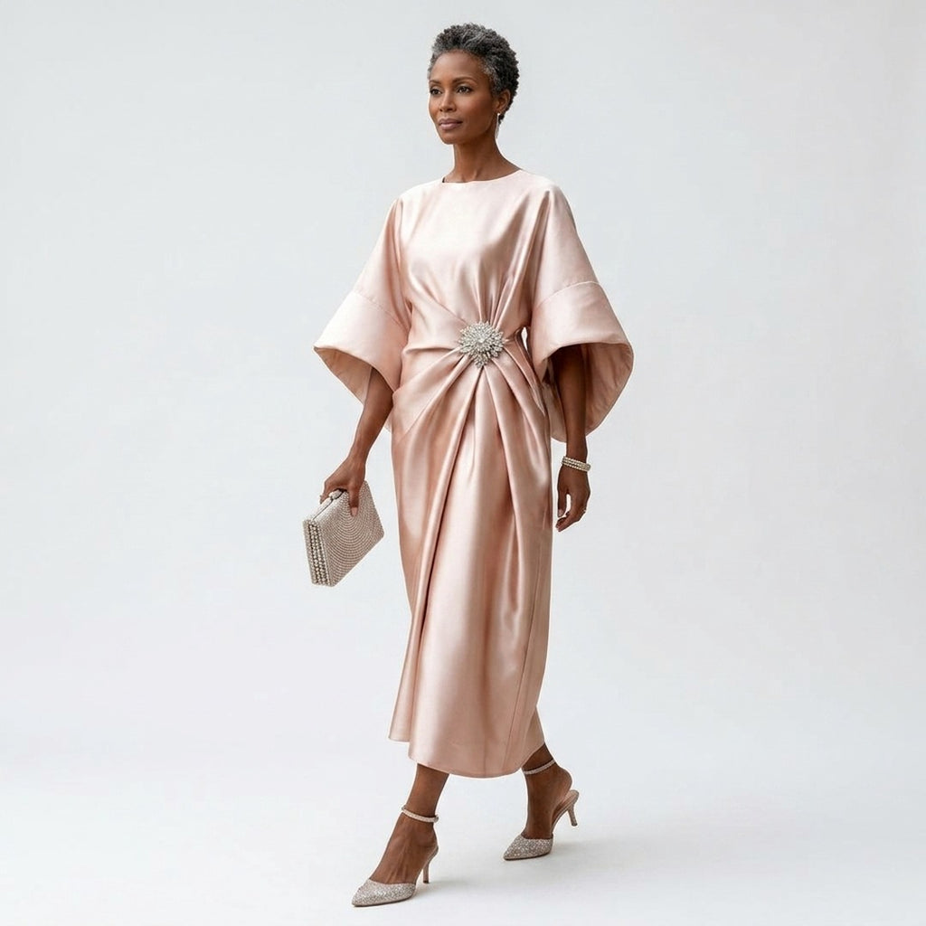 Women's Wedding Guest Evening Midi Dress with Jewel Brooch Detail