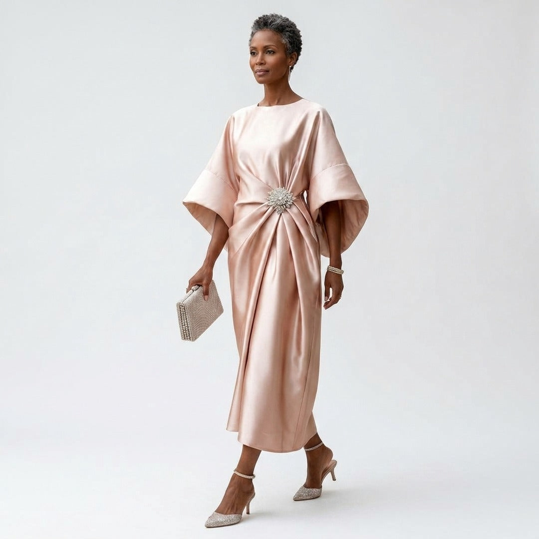 Women's Wedding Guest Evening Midi Dress with Jewel Brooch Detail