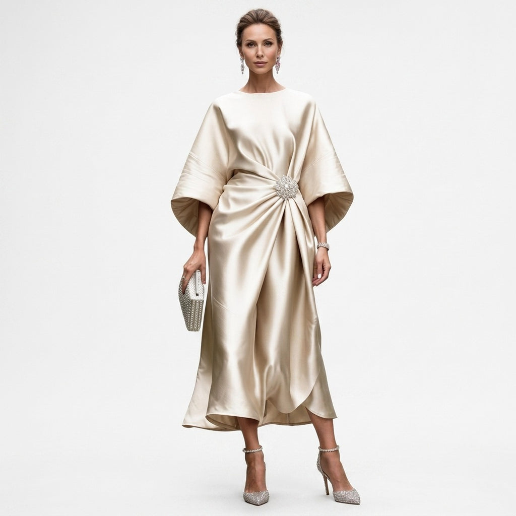 Women's Wedding Guest Evening Midi Dress with Jewel Brooch Detail