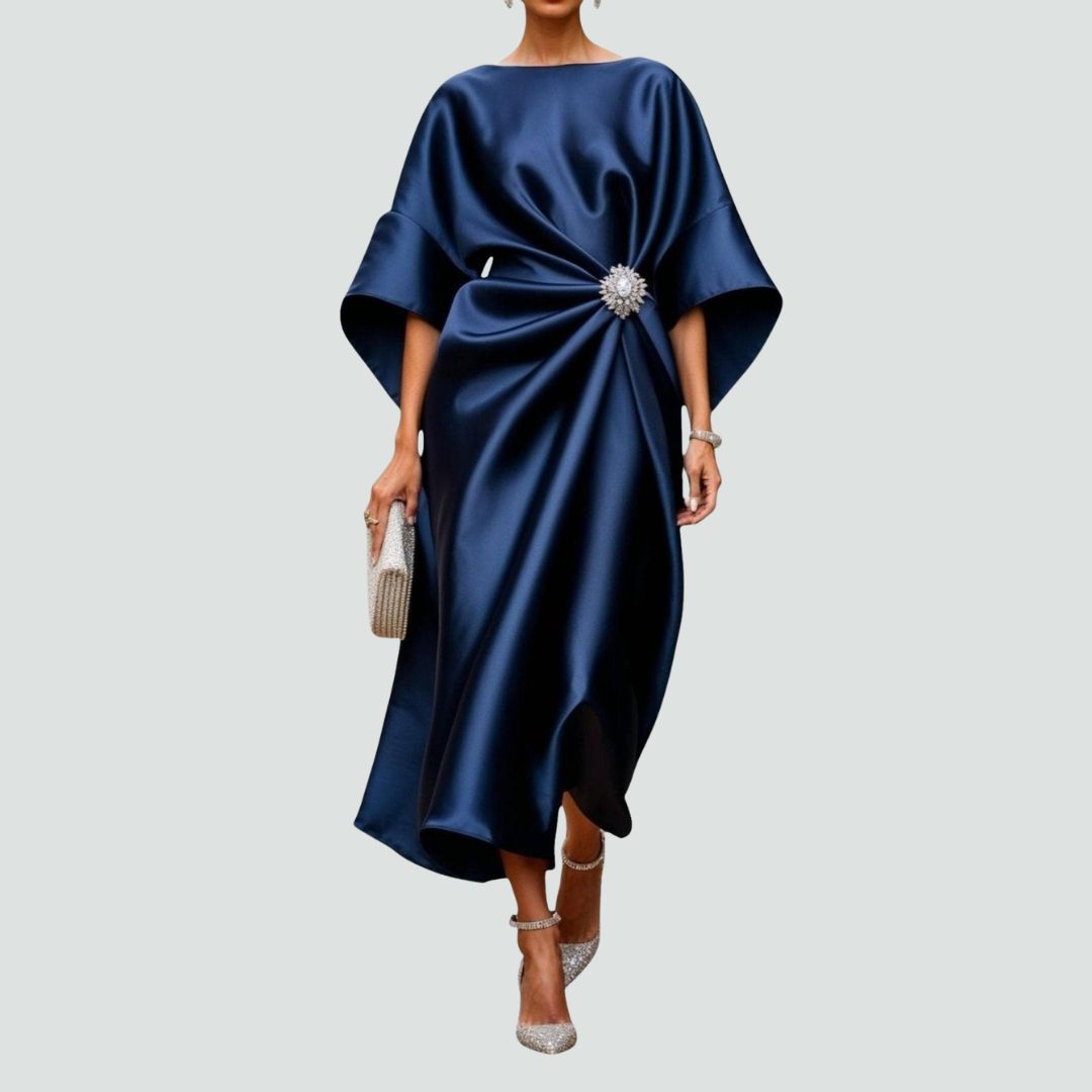 Women's Wedding Guest Evening Midi Dress with Jewel Brooch Detail