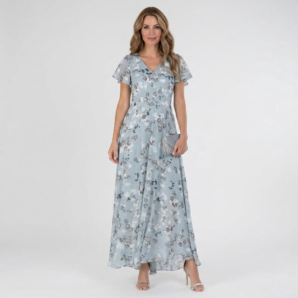 Women's Wedding Guest Floral Maxi Dress with Flutter Sleeves