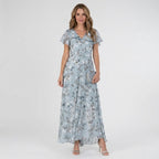 Women's Wedding Guest Floral Maxi Dress with Flutter Sleeves