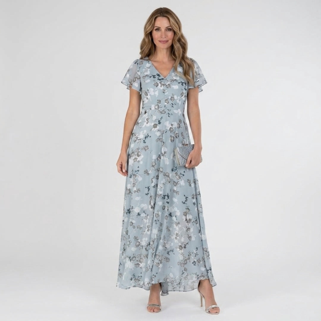 Women's Wedding Guest Floral Maxi Dress with Flutter Sleeves