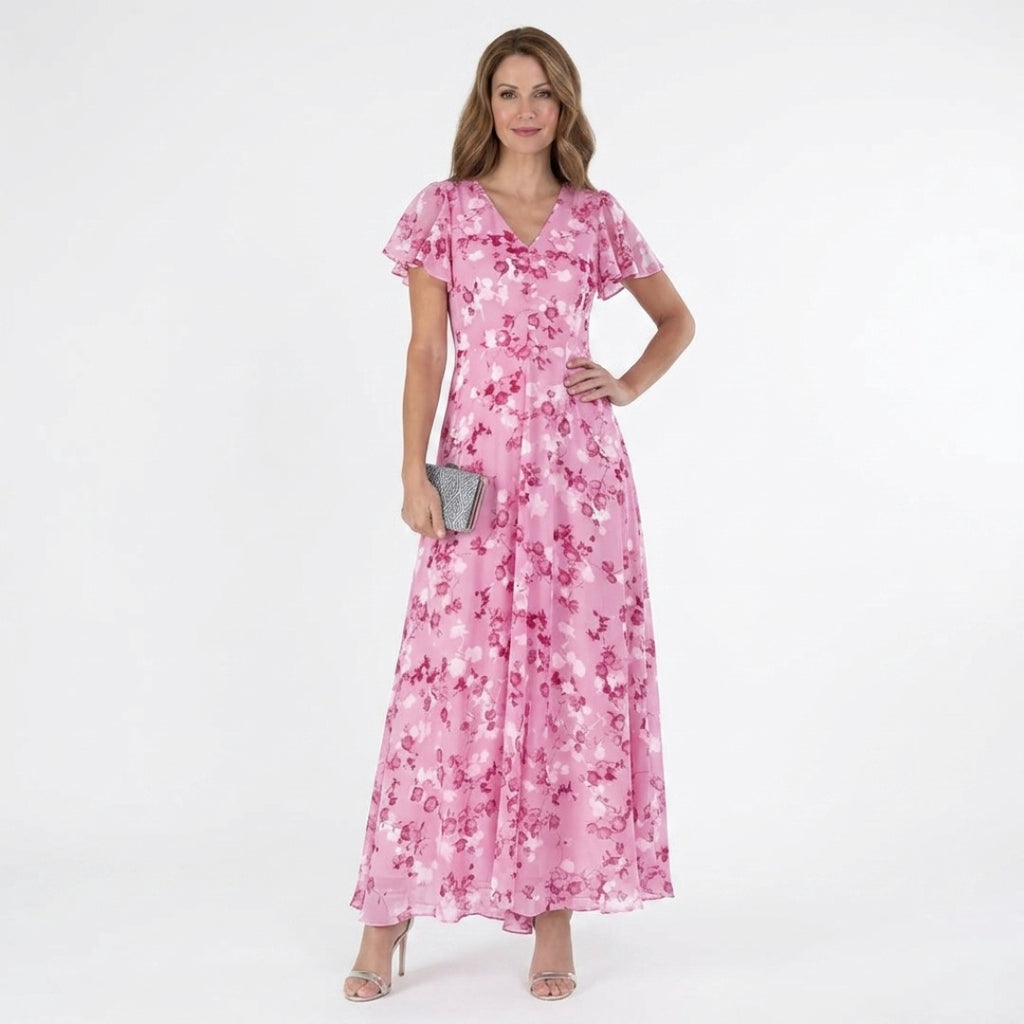 Women's Wedding Guest Floral Maxi Dress with Flutter Sleeves