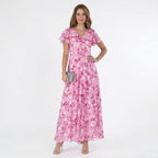 Women's Wedding Guest Floral Maxi Dress with Flutter Sleeves
