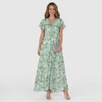 Women's Wedding Guest Floral Maxi Dress with Flutter Sleeves