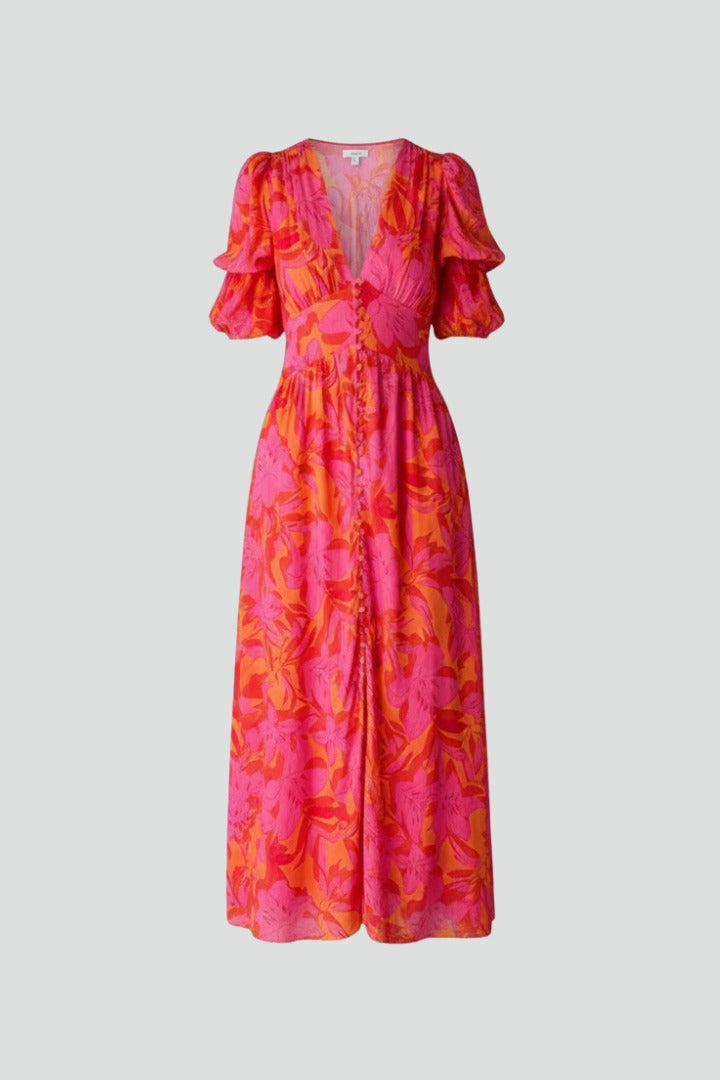 Women's Wedding Guest Floral Maxi Dress with Puff Sleeves and V-Neck