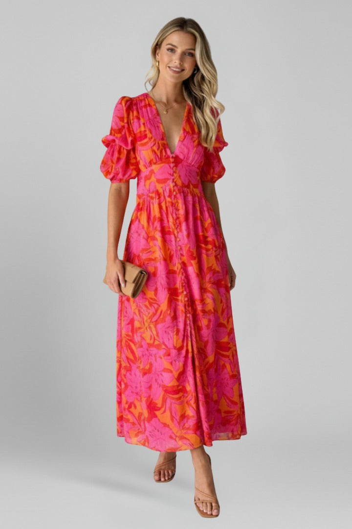 Women's Wedding Guest Floral Maxi Dress with Puff Sleeves and V-Neck