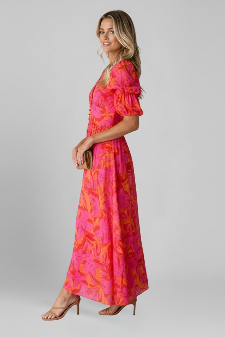 Women's Wedding Guest Floral Maxi Dress with Puff Sleeves and V-Neck