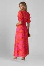 Women's Wedding Guest Floral Maxi Dress with Puff Sleeves and V-Neck