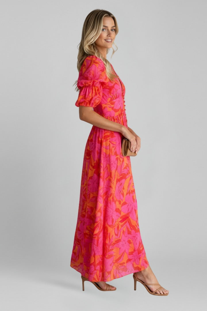 Women's Wedding Guest Floral Maxi Dress with Puff Sleeves and V-Neck