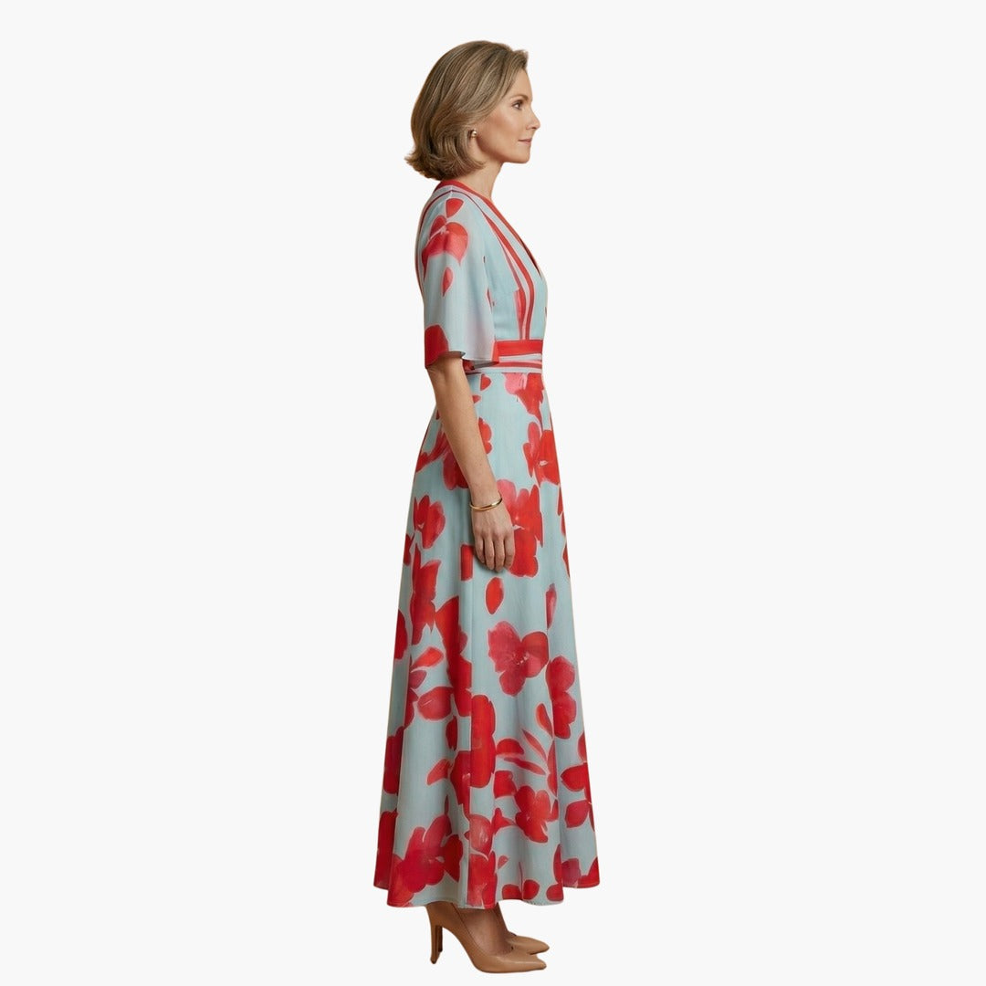 Women's Wedding Guest Floral Maxi Dress with V-Neck