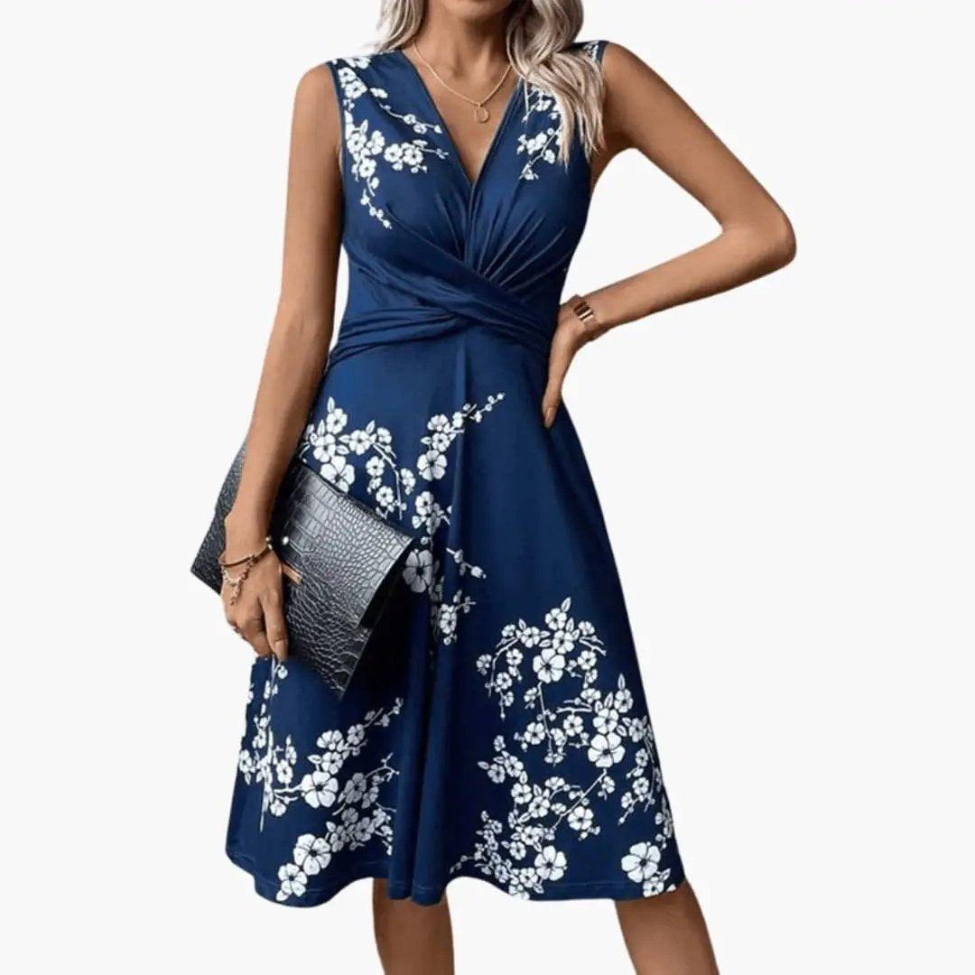 Women's Wedding Guest Floral Midi Dress with V-Neck
