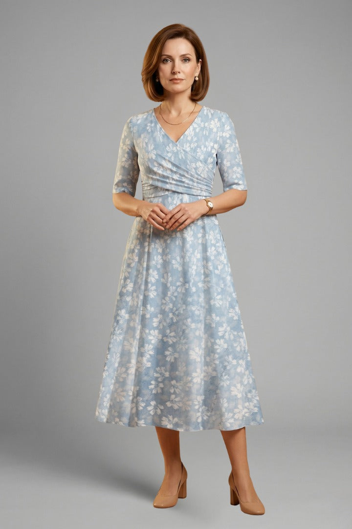 Women's Wedding Guest Floral Midi Dress with V-Neck