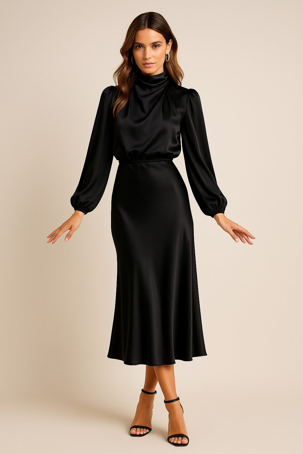 Women's Wedding Guest Long Sleeve Midi Dress with High Neck