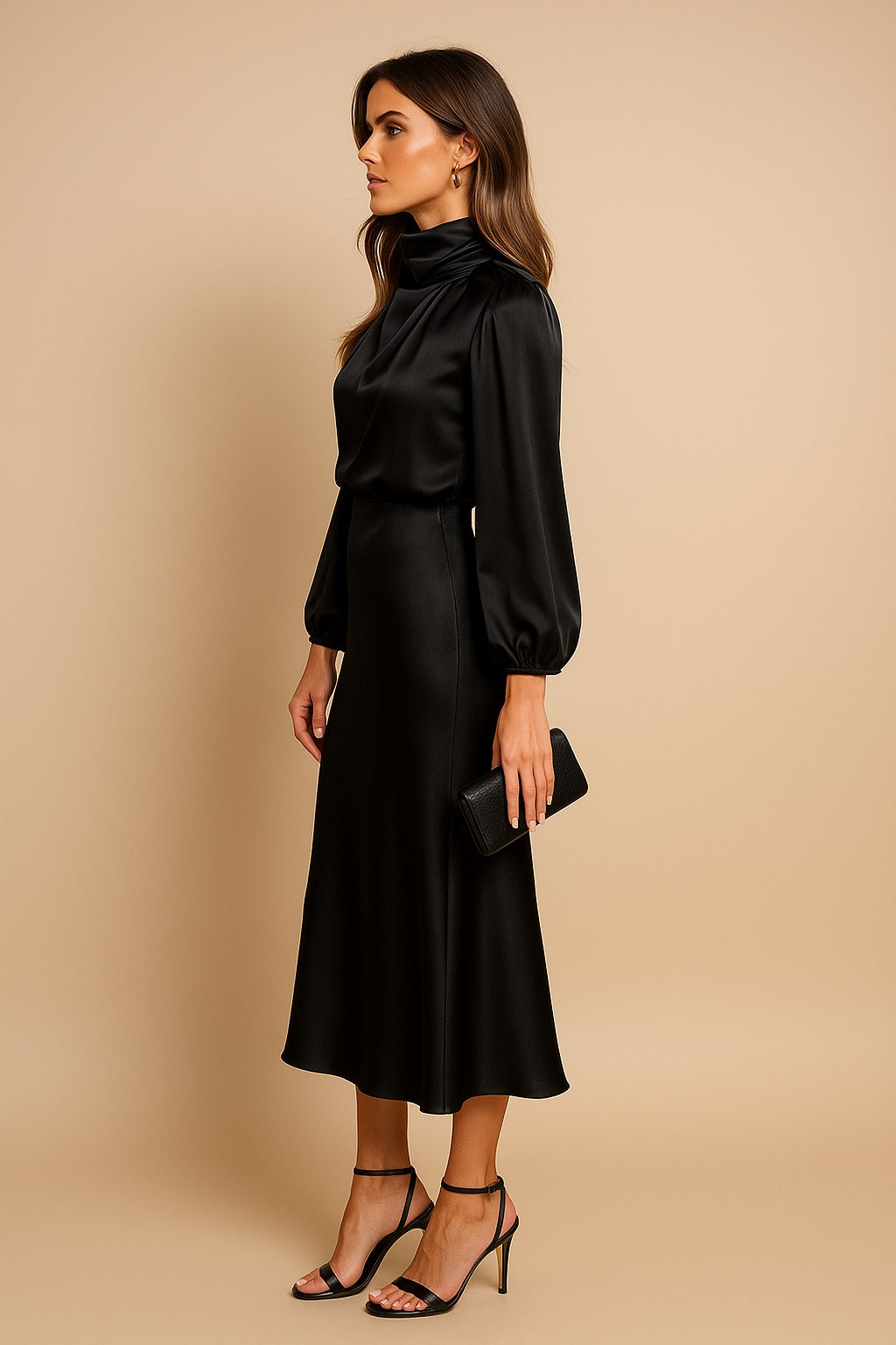 Women's Wedding Guest Long Sleeve Midi Dress with High Neck