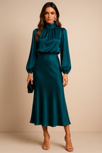 Women's Wedding Guest Long Sleeve Midi Dress with High Neck