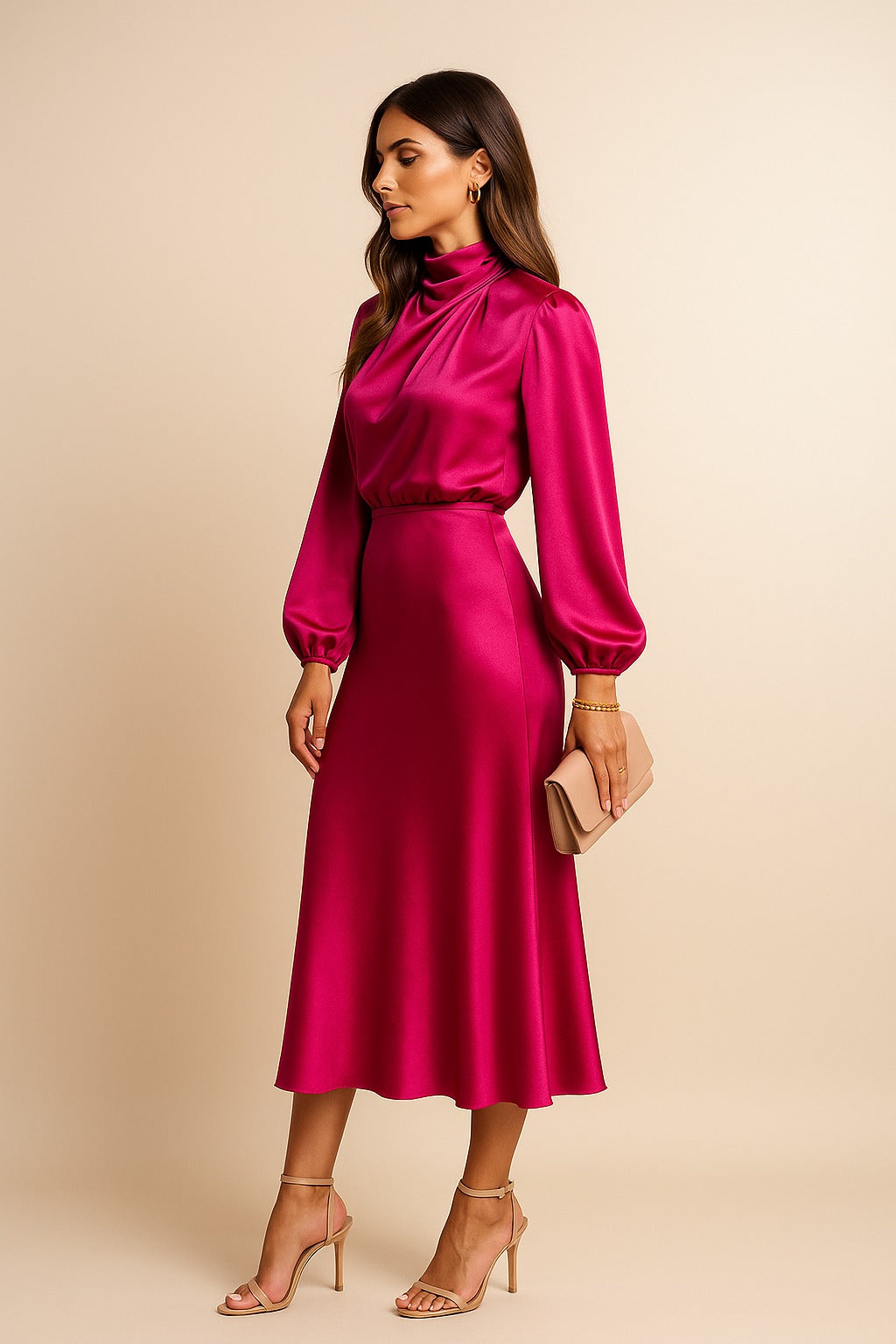 Women's Wedding Guest Long Sleeve Midi Dress with High Neck