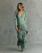 Women's Wedding Guest Maxi Dress with Puff Sleeves