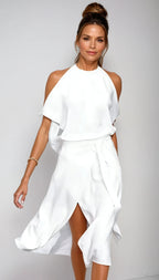 Women's Wedding Guest Midi Dress with Halter Neck and Open Shoulder