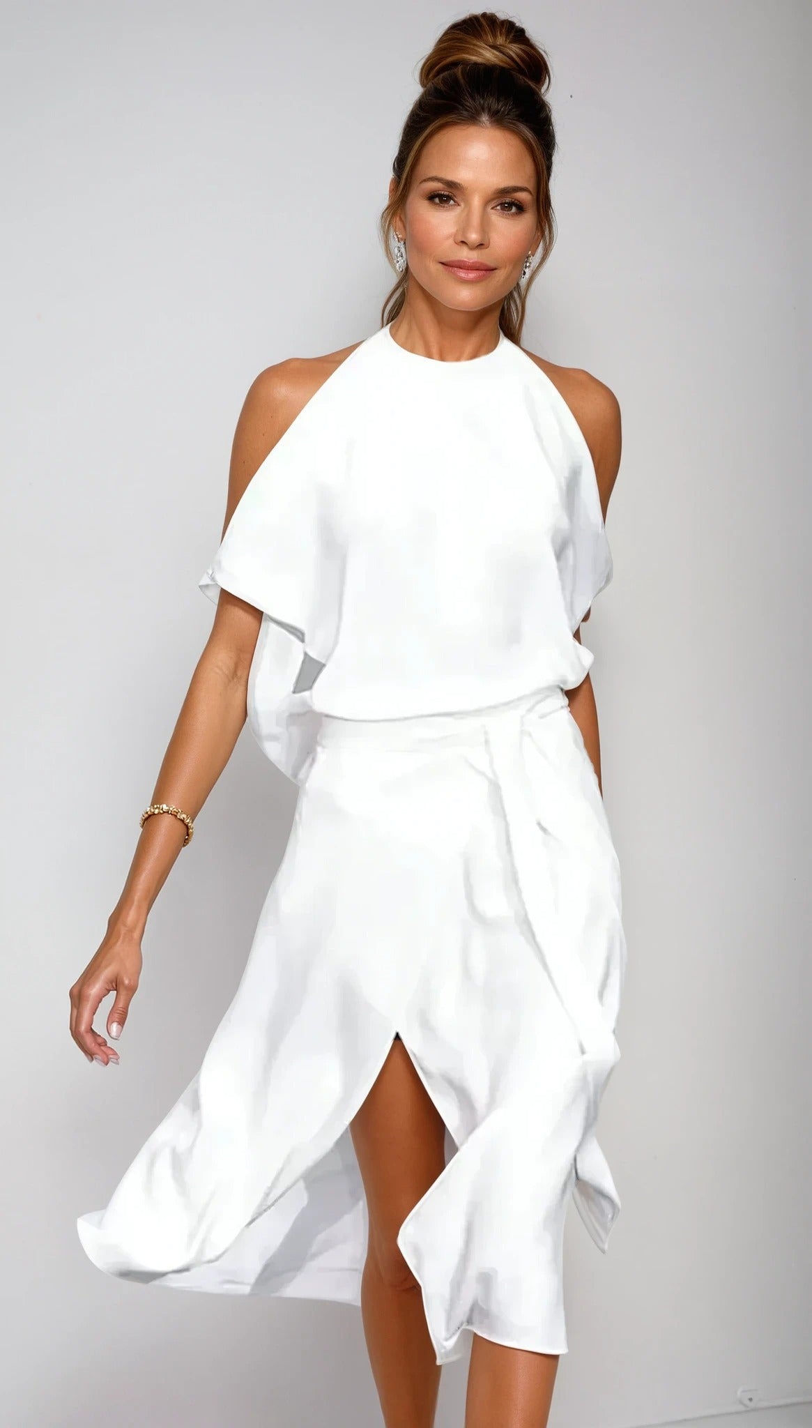 Women's Wedding Guest Midi Dress with Halter Neck and Open Shoulder