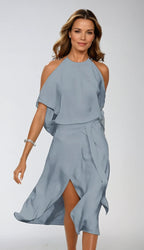 Women's Wedding Guest Midi Dress with Halter Neck and Open Shoulder
