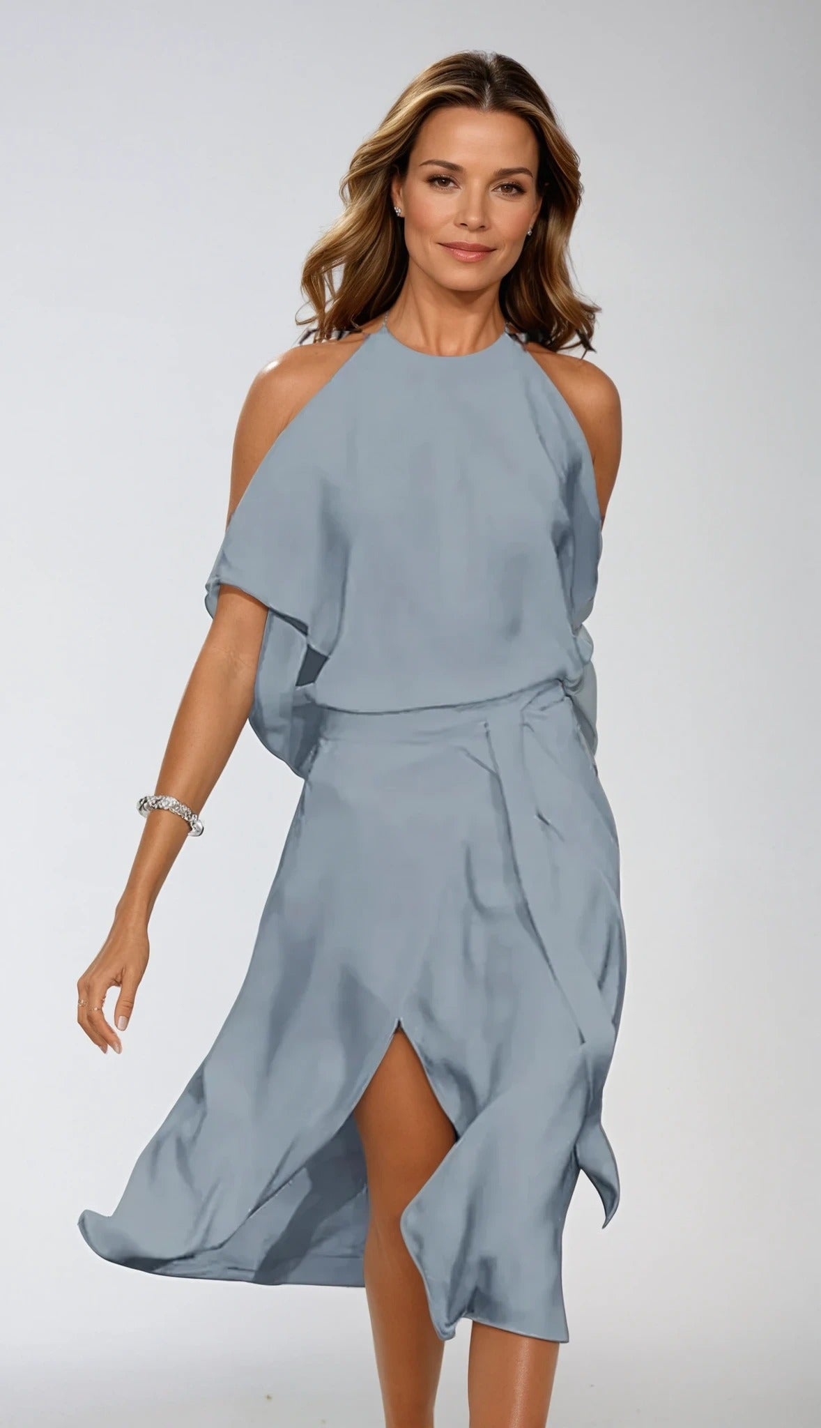 Women's Wedding Guest Midi Dress with Halter Neck and Open Shoulder