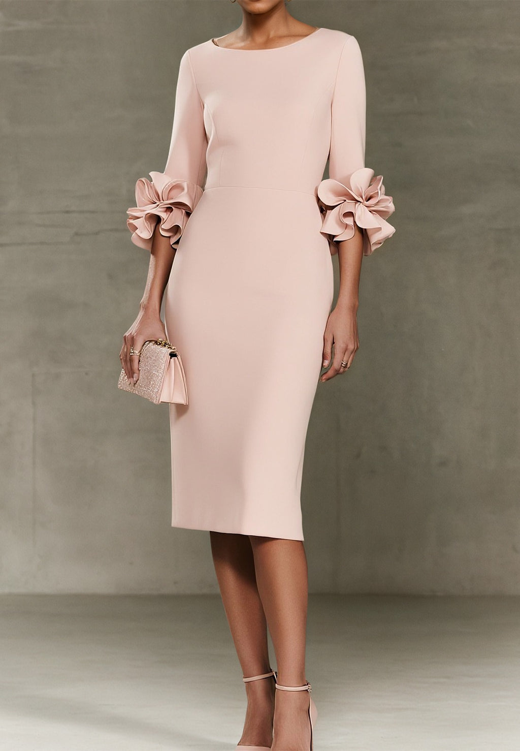 Women's Wedding Guest Midi Dress with Ruffle Cuffs