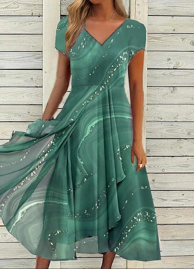 Women's Wedding Guest Midi Dress with V-Neck