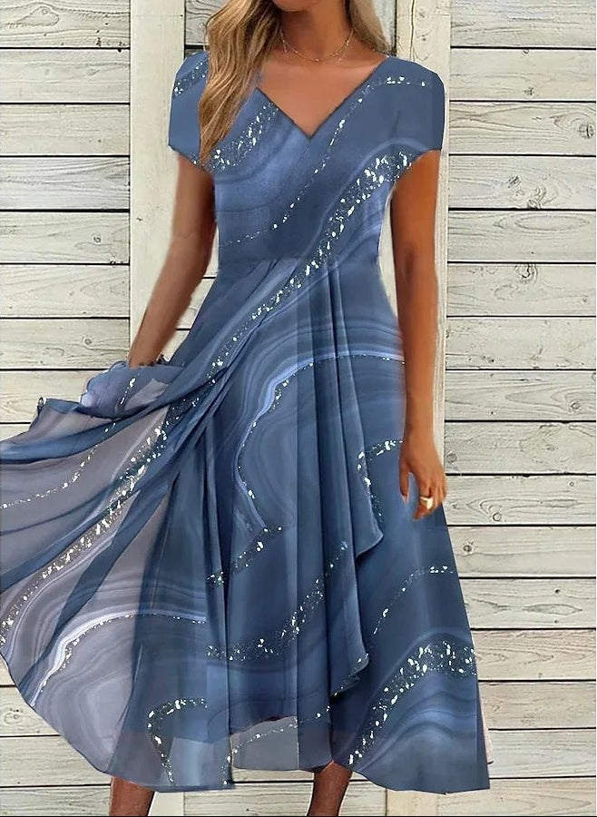 Women's Wedding Guest Midi Dress with V-Neck