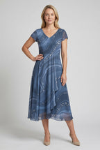 Women's Wedding Guest Midi Dress with V-Neck