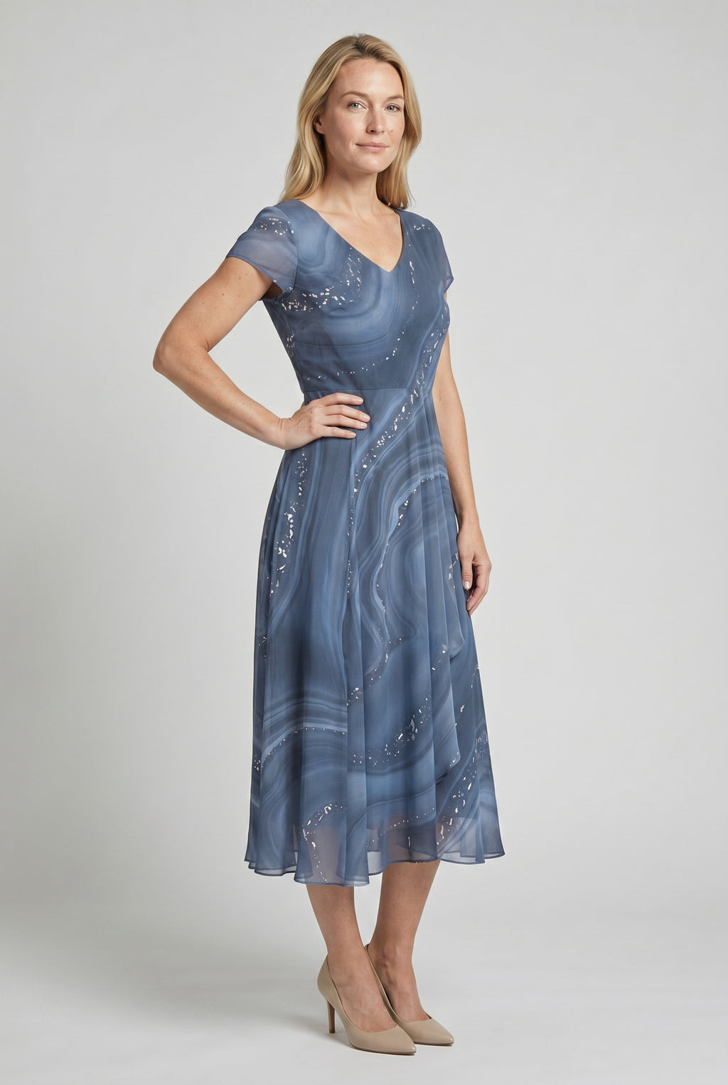 Women's Wedding Guest Midi Dress with V-Neck