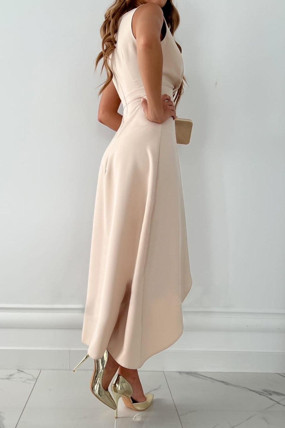 Women's Wedding Guest Midi Dress with V-Neck and Ruffle Skirt