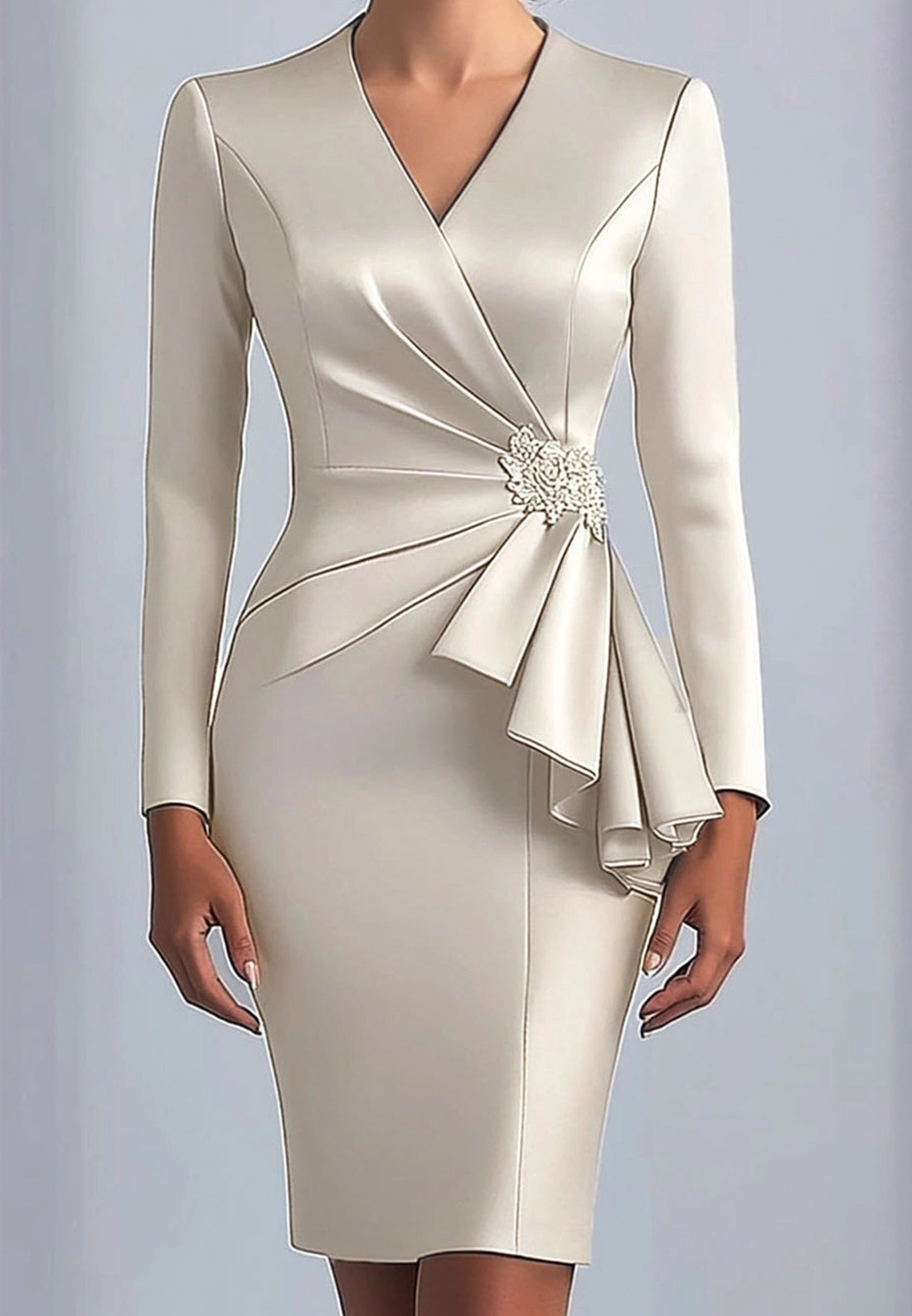 Women's Wedding Guest Midi Dress with V-Neck and Sculptural Side Ruffle