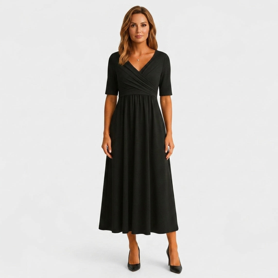 Women's Wedding Guest Midi Dress with V-Neck and Wrap Front