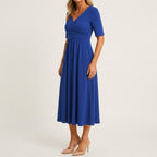 Women's Wedding Guest Midi Dress with V-Neck and Wrap Front